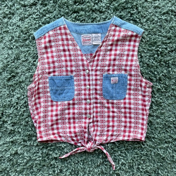 Vintage Denim and Plaid Tie Top - Picture 1 of 6